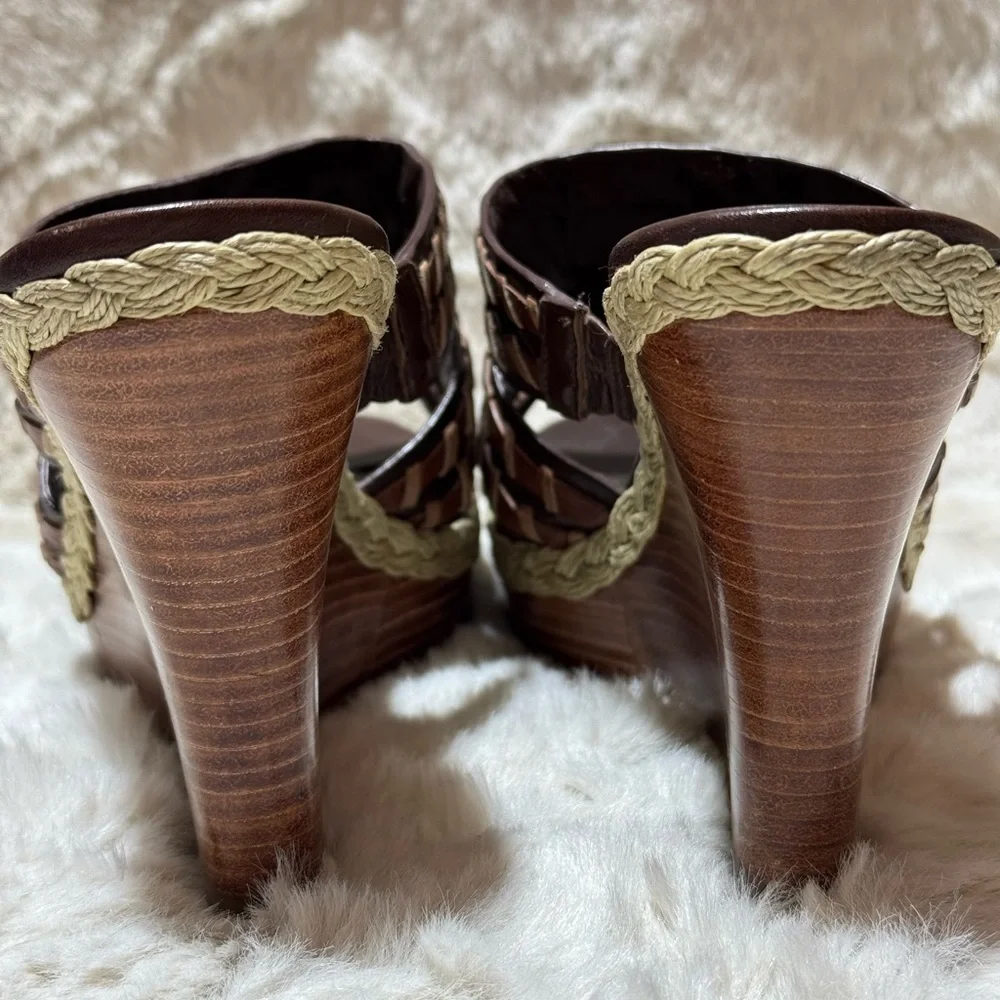 COLE HAAN stitch wedge brown heal leather espadrille slides shoes 7.5B